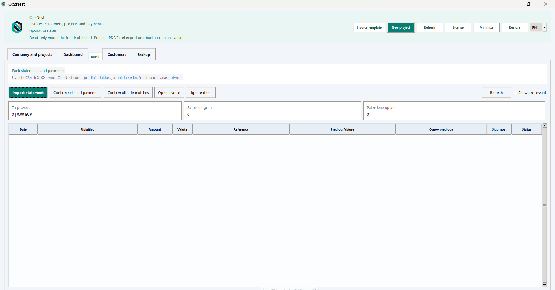 OpsNest demo bank statement and payment matching workspace