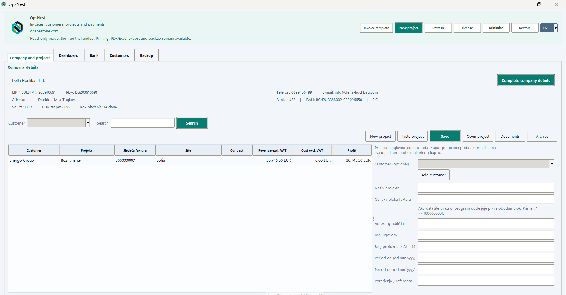 OpsNest demo company and project workspace