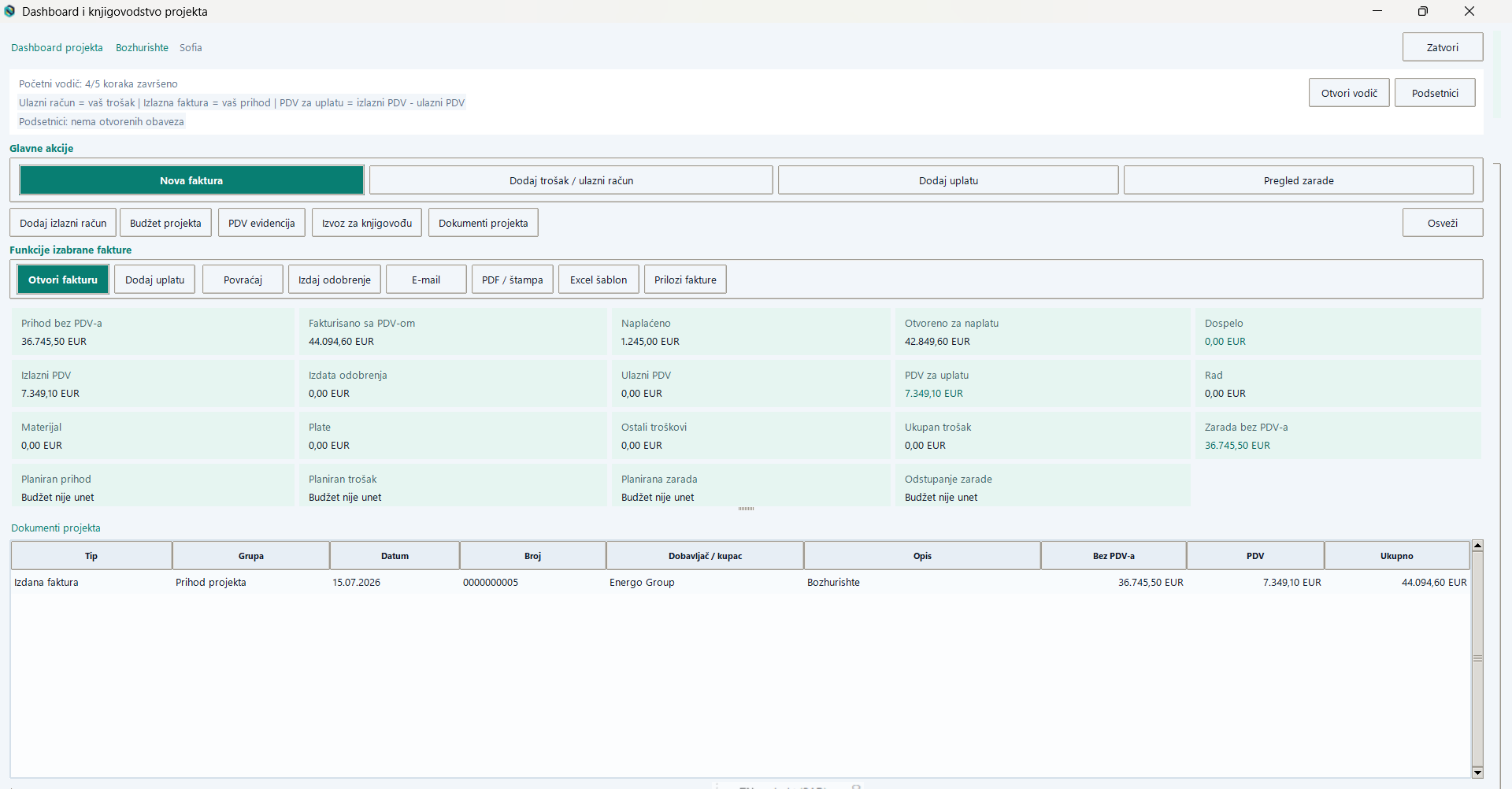 OpsNest demo project dashboard with invoices, VAT, costs and profit